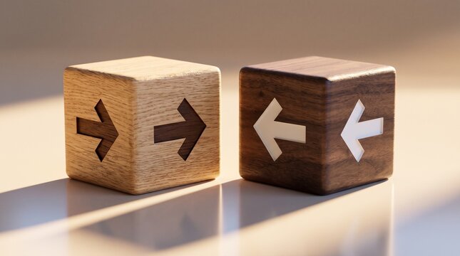 Two wooden cubes with arrows facing opposite directions, symbolizing choices or opposition