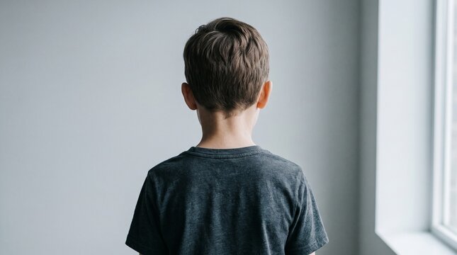 A young boy from behind, standing near a window