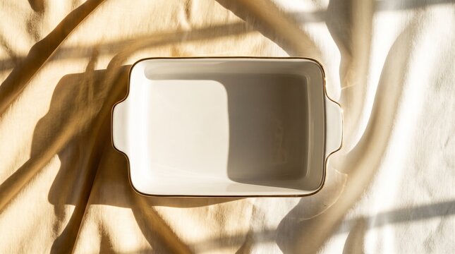 An empty rectangular ceramic baking dish with handles, casting soft shadows on a textured fabric surface