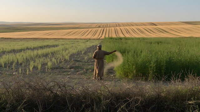 The Parable of the Sower from the Gospels divided visually by four distant horizons, each framing one agricultural outcome while the farmer remains centered as the constant source of faithful sowing, 