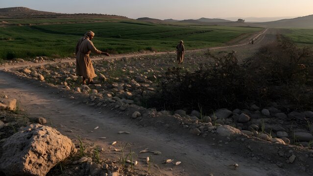 The Parable of the Sower from the Gospels beginning with the roadside outcome in the immediate foreground, then leading the viewer through stony soil and thorny growth toward fertile land in the far d