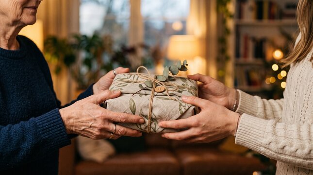 Elderly woman gives a gift wrapped in botanical paper to a younger woman indoors