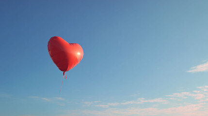Fototapeta premium Minimal red heart foil balloon flying in soft blue sky with copy space