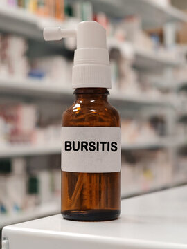 BURSITIS topical analgesic spray for relief of localized muscle, joint or musculoskeletal pain in front of pharmacy warehouse drawers