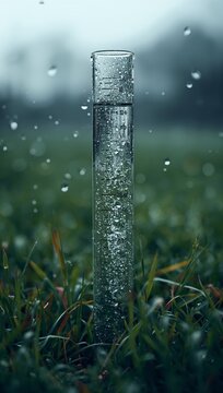 Transparent test tube filled with liquid standing on wet grass with raindrops falling around it, creating a serene scientific outdoor setting