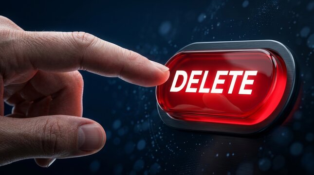 Hand pressing a red delete button to remove data and files online.