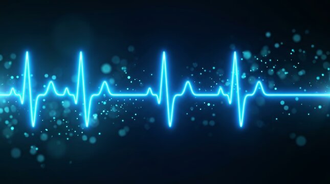 Glowing blue heart rate line with peaks and valleys on a dark background.