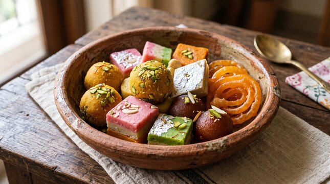 Assortment of colorful Indian sweets including laddu, barfi, and jalebi served in a rustic bowl on a wooden table