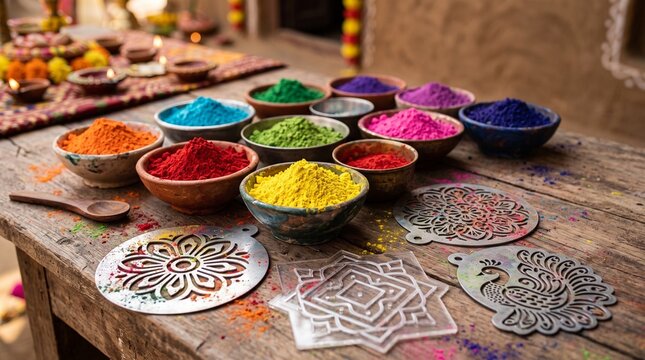 Diwali festival preparation with colorful powders and stencils for rangoli art on wooden table