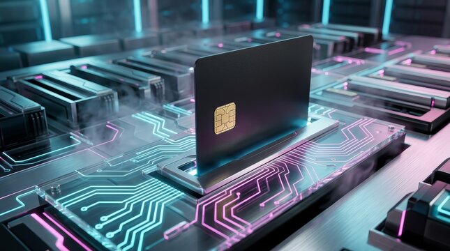 A high tech payment card inserted into futuristic glowing circuit board slots for secure digital transactions.