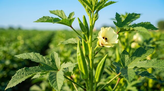 Vibrant field of lush green okra plants with delicate budding flowers under a clear blue summer sky.
