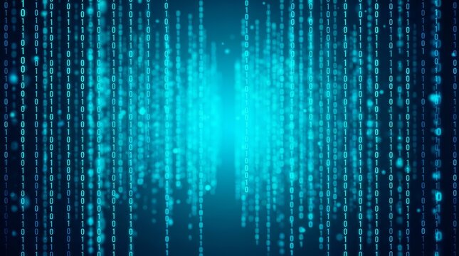 Blue digital matrix background with cascading binary code and data streams.