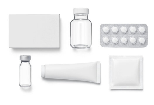 Blank pharmaceutical packaging collection including medicine box, pill bottle, blister pack, vial, cream tube and sachet isolated on white background
