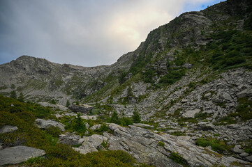 Obraz premium : Rocky Alpine Scree Slope and Scree Ridge Under Overcast Sky