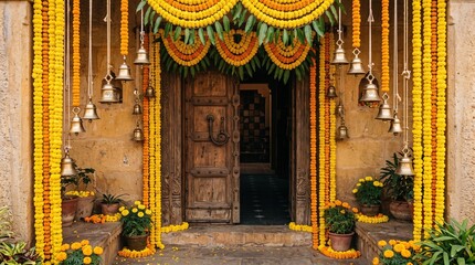 Fototapeta premium Diwali festival decoration with marigold flowers and bells at entrance of traditional Indian house