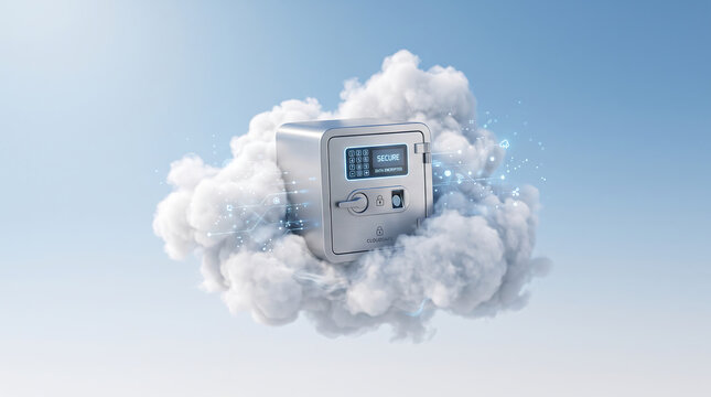 Cloud safe with secure data encryption floating in sky, symbolizing secure cloud storage, digital data protection, and online privacy.