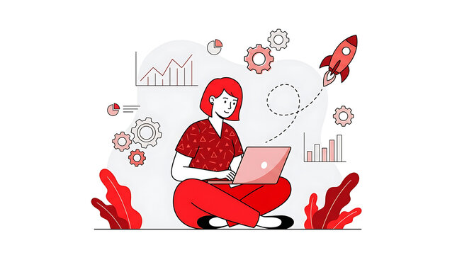Female freelancer working on laptop to launch business startup with growth metrics