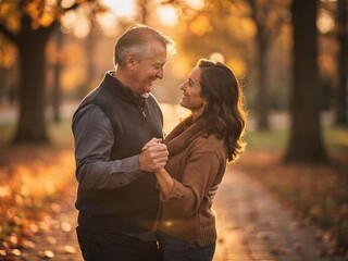 Fototapeta premium Mature couple dancing together in a sunlit park surrounded by autumn foliage, showcasing warm colors and a romantic atmosphere during a golden hour