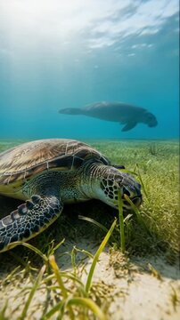Dive into the vibrant underwater world where a green sea turtle grazes on lush seaweed while a dugong gracefully swims in the serene light blue waters.