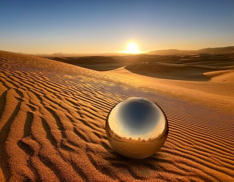 a metallic microscopic sphere rests on golden rippled desert sand reflecting warm sunlight to signify advanced nanotechnology and materials nature science arid