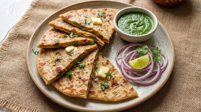 Delicious stuffed aloo capsicum paratha flatbread served with green chutney curd and onion rings
