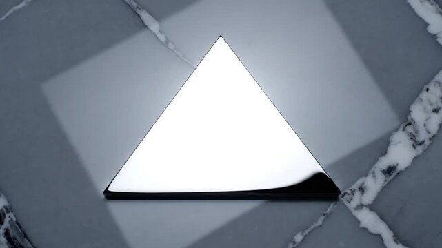 Bright pyramid-shaped light with polished black trim against marble background, cinematic and minimalist