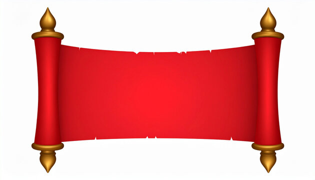 3D rendered illustration of a vibrant red scroll paper featuring elegant golden finials at each end, perfect for use as a festive banner, historical document background, or invitation.