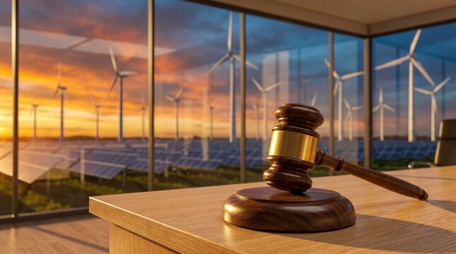 A judge's gavel rests on a desk, with a panoramic view of a solar farm and wind turbines at sunset through the window, symbolizing environmental law and renewable energy justice