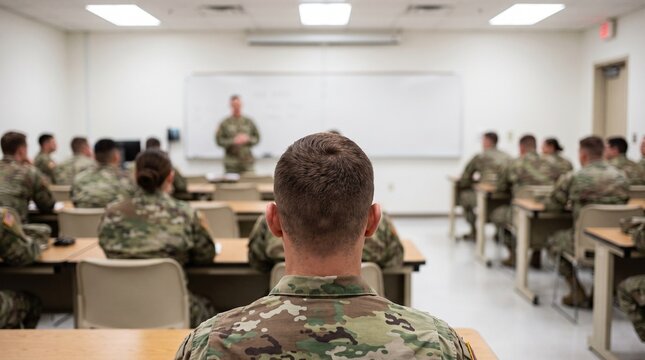 A military instructor addresses a classroom of uniformed recruits seated at desks. The room is brightly lit with fluorescent lights and features a whiteboard at the front.