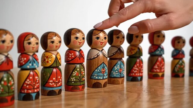 Wooden Matryoshka Dolls Lined Up and Finger Taps Selection on a Tabletop with Light and Shadow