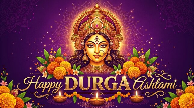 Happy Durga Ashtami Vector Illustration: Golden Goddess Durga Face with Marigold Flowers on Luxury Purple Background, Navratri Festival Greeting Banner 