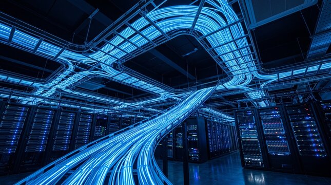 Futuristic data center server room with glowing blue fiber optic light cables overhead representing high speed internet data transfer and cloud computing network infrastructure