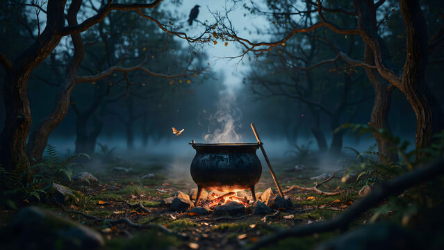 A black iron cauldron boils over a campfire in a misty, dark forest with bare trees and a single butterfly flying near the rising steam