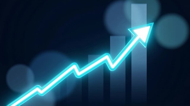 Glowing blue line arrow pointing upwards over rising 3D bar chart on dark blue background, stock market bullish trend and financial profit growth concept.