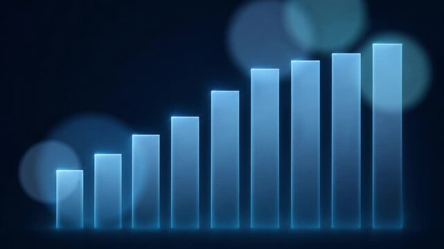 Sequential growth of glowing transparent blue 3D bar chart columns on dark blue background, financial performance and business data analytics animation.