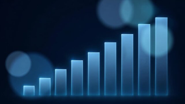 Glowing blue transparent 3D bar chart columns growing sequentially on dark blue bokeh background, business profit and financial success visualization.