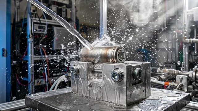 Coolant jet spraying a battery cell in a thermal runaway safety test