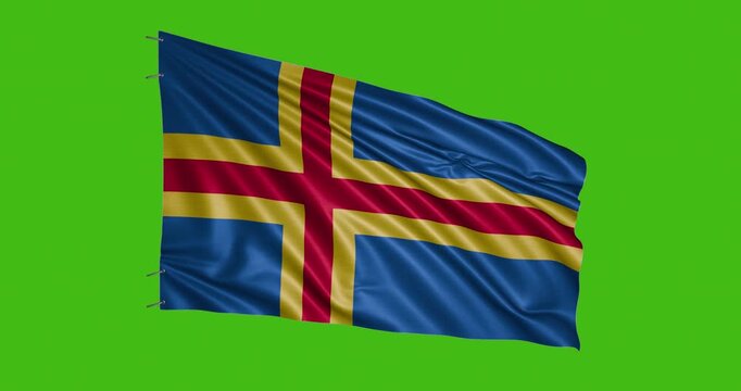 Flag of Aland Islands waving on green background