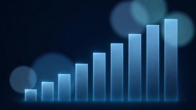 Glowing blue transparent 3D bar chart columns growing upwards on dark blue background, business financial success and data analytics concept.