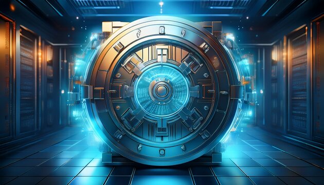 3d metallic bank vault with glowing digital data cybersecurity and secure storage concept featuring encryption financial protection and confidential information access