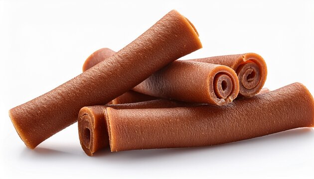 pile of twisted brown dog chewy treats with visible inner texture on white background dog treats isolated on a white background