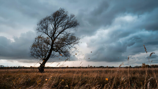 A solitary bare tree stands in a vast, dry grassy field under a dramatic, cloudy, grey sky during a windy autumn day in the countryside