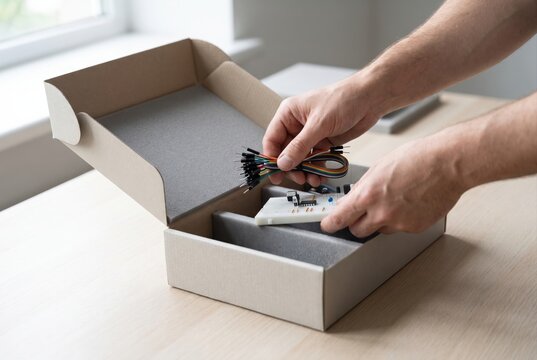 Hands packing a breadboard wires and electronic components into a cardboard box with foam