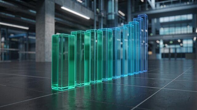 Perspective view of growing transparent blue glass 3D bar chart graph with glowing edges on dark grid floor, corporate profit and data analytics.