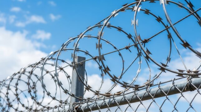 A dangerous razor wire barrier protects a restricted industrial area from unauthorized trespassing.