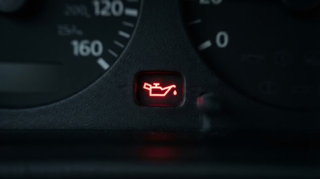 Red oil pressure warning light illuminates on a black textured car dashboard indicating an engine problem.