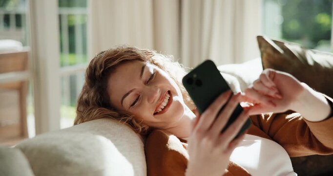 Relax, browsing and woman on sofa with phone, web search and online chat on social media. Unwind, happy and person in house with laugh, internet scroll and digital communication on virtual platform.