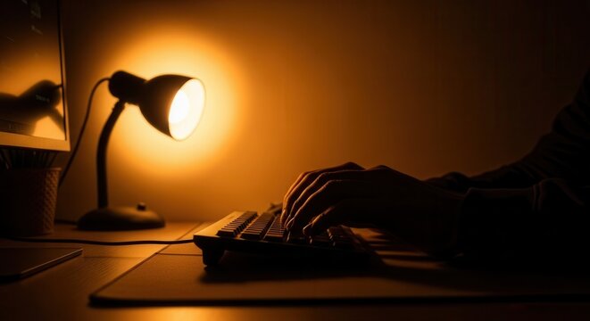 Person Typing On Keyboard Under Desk Lamp At Night