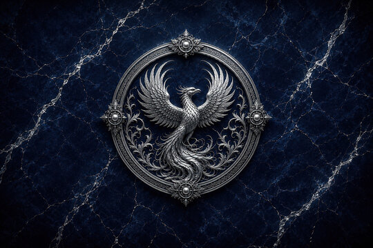 Silver phoenix emblem on dark blue marble background, fantasy heraldic crest