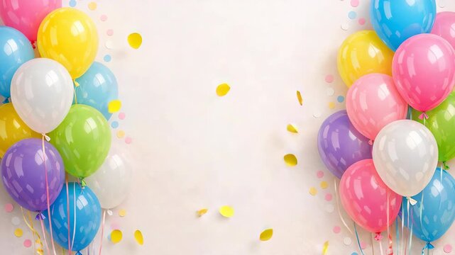 A vibrant bouquet of balloons in various colors with small pink confetti scattered around them against a white background. The perfect for parties, celebrations or festive events.